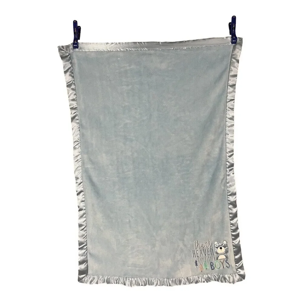 Baby Essentials Blue Baby Blanket Thank Heaven For Little Boys Satin Trim Bear